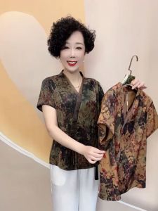New Chinese Style National Style Silk T-shirt Summer New Arrival Elderly Short Sleeve Robe Flower Shirt Plus Size Xiangyun Yarn Tops