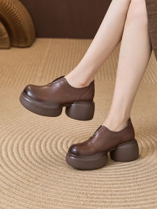 Retro Top Layer Cowhide Thick Bottom Platform Loafers Womens Fashion Single Shoes Comfortable Slip-On Casual Footwear