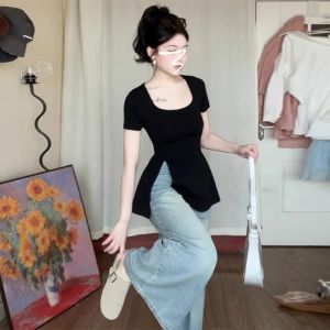HUOLISI | U-neck Sleeveless Slim Fitting Split T-shirt