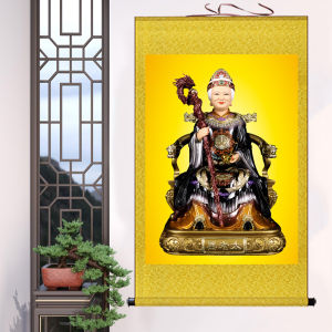 Black Mother Buddha Statue Silk Hanging Painting Home Worship Quatrefoil Family Chinese Traditional Style Decorative Artwork