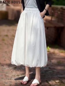 Basic House | Chân Váy A-line Cao Waisted Hoa Bụi Màu Trắng Tencel
