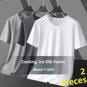 Summer Mens Modal Ice Silk Thin Short Sleeve T-Shirt Trendy Base Layer Half Sleeve Shirt Youth Popular round Neck Dry Fast