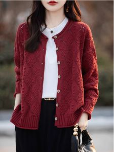 Retro Plaid Cut Out Long Sleeves Knitting Cardigan Womens Short Coat Brocade Sweater Loose Casual Outer Tops New Arrival