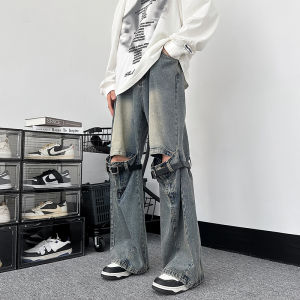 กางเกงยีนส์ทรงหลวมสไตล์อเมริกัน High Street Design Sensation สำหรับผู้ชาย กางเกงขายาวทรงหลวมสไตล์ย้อนยุค กางเกงยีนส์ขาดสำหรับฤดูร้อน