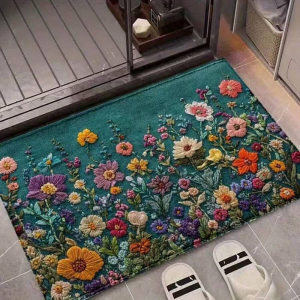 VIKAMA Dark Green Floral Embroidery Daisy Tulip Rose Art Flannel Door Mat Non Slip Entryway Bedroom Living Room Home Decor Soft