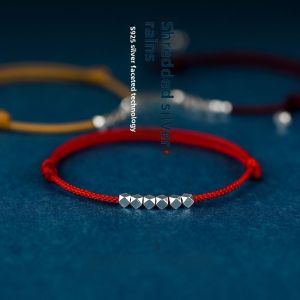 Red String Woven Silver Beads Bracelet for Men And Women Lucky Charm Couple Friends Ankle Chain Birth Year Simple Hand Rope Jewelry