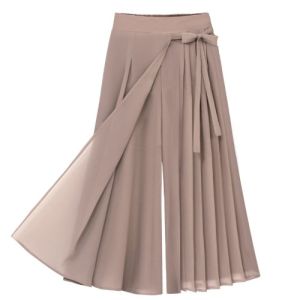 plus Size Womens Spring Summer Korean Style Commute Pleated Chiffon Casual Seven-Foot Wide Leg Pants Skirt Elastic Waist