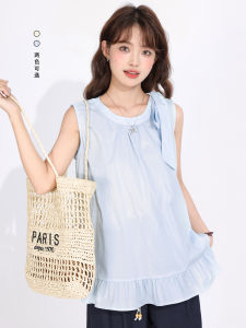 Áo Ba Lỗ Không Tay Màu Xanh Lam Phong Cách Hàn Quốc Cổ Điển Trẻ Trung Thắt Nút Bướm Mùa Hè Rộng Rãi Giảm Béo Đơn Giản Cho Nữ