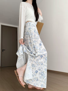 LANMENGYA | Blue Floral Thin Fit Petite Resort Style Slit Midi Skirt