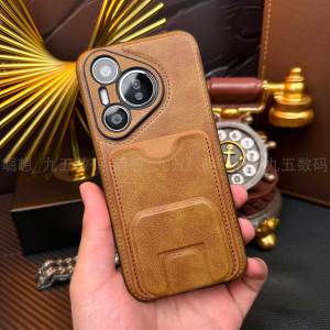 Leather Phone Case with Card Holder Stand Portable High End Protective Cover for Huawei Pura70 pro Ultra Mens Business Style