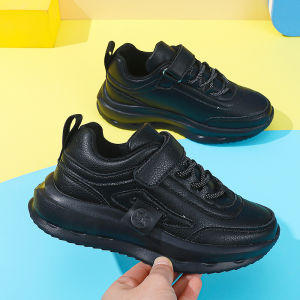 รองเท้าผ้าใบสีดำสำหรับเด็กผู้ชายเด็กผู้หญิงรองเท้าวิ่งกีฬาหนังรองเท้าผ้าใบนักเรียนสีขาว