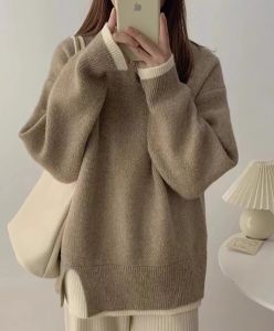 Womens Loose Knitted Sweater Thickened Overhead Style Fake Two-Piece Design Autumn Winter New Arrival Soft Cozy Outerwear