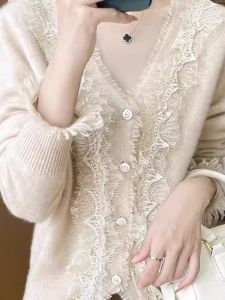 ฤดูใบไม้ร่วง ฤดูหนาว คอวี ถักแขนยาว คาร์ดิเกน ผู้หญิง หลวม Vintage ขนสัตว์ เสื้อโค้ท ลูกไม้ Trim Open Front กระบวนการผ้าปกติ