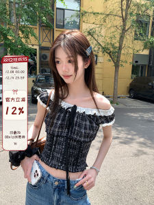 Sinbounboun Pure Desire Plaid Color Block Lace Trim Shoulder Bowed Waist Short Shirt Womens Fashion Summer Breathable Cotton Short Sleeve