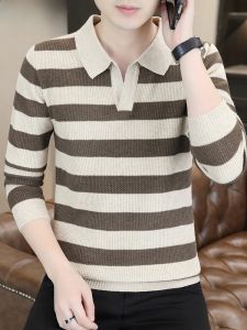 HENGYUANXIANG | Casual Knitted Polo Shirt Mens Autumn Winter New Style Striped Inner Wear Line Youthful Urban Fashion Polyester Blend Long Sleeve
