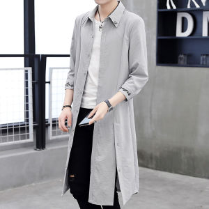 เสื้อคลุมกันแดดแขนยาวผู้ชาย ทรงหลวม ดีไซน์เก๋ไก๋ ทรงปกตั้ง คอตั้ง กระดุมเดียว ผ้าฝ้ายผสมโพลีเอสเตอร์