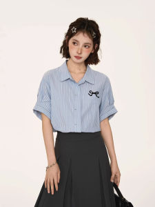 Blue Striped Short Sleeve Womens Shirt Summer French Loose Commute Polo Half Sleeve Top Shoulder Width Regular Length