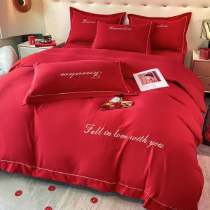 Wedding Red Embroidered Bedding Set Dragon and Phoenix Design