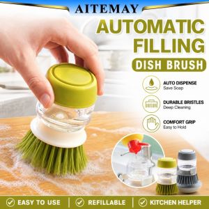 Aitemay 2PCS Kitchen Cleaning Brush with Dispenser and Holder - Dish Scrub Brush for Pots Pans Dishes - Handheld Pot Brush with Drip Tray for Easy Draining