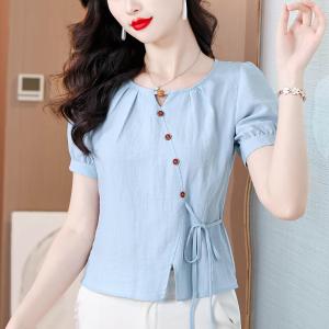 เสื้อเชิ้ตแขนสั้นผ้าลินินคอตตอนผสมผู้หญิงฤดูร้อน 2025 ทรงหลวม ปกติ ไม่สมมาตร ทรงหลวม คอตตอนแท้ ทรงหลวม คอตตอนแท้