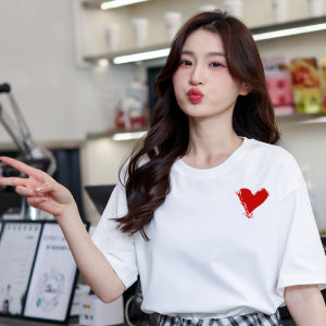 Womens Pure Cotton Short Sleeve T-Shirt round Neck Loose Base Layer Top Korean Style Summer New Arrival Geometric Pattern