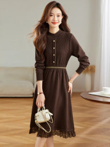 ชุดเดรสยาวถักหรูหรา ทรงเข้ารูป แขนยาว คอวี กระโปรงทรงเอ ผ้าฝ้ายผสมโพลีเอสเตอร์ ฤดูใบไม้ร่วง 2025 ชุดทำงาน