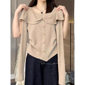 Feminine Ruffled Collar Pleated Long Sleeve T-Shirt
