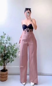 GATclothing - REGULAR TWIN LOOPS HIGH WAIST WIDE-LEG PANTS FOR WOMEN - STRETCHABLE WOVEN - FREESIZE - ELEGANT CASUAL TROUSER