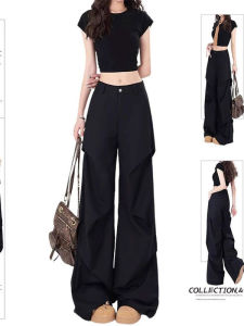 American Style Black Workwear Wide Leg Pants Womens Casual Trousers Folded Design Spring Autumn Loose Fit Ladies Trousers