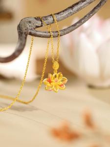 ZHOU LIU FU 周六福 24K Solid Gold Lotus Flower Pendant Real Gold Pink Enamel Floral Pendants Jewelry Wedding Birthday Gifts for Women Mom Wife Birthday Anniversary (Not Included Neccklace) A0414636