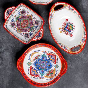 ชุดตุรกี OMK ชุดภาชนะเซรามิกบนโต๊ะอาหารจานอาหารชามสลัดชามพร้อมที่จับถาดอบ