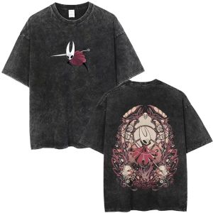 Hollow Knight: Silksong Double-Print Distressed T-Shirt: Charcoal Oversize Base with IP Symbol & Hornet Design Fan Merch