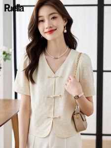 puella | New Chinese Style Short Sleeve V-neck Blouse