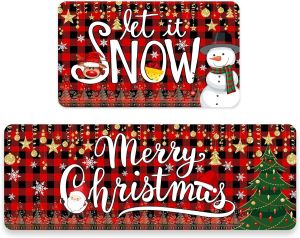 VIKAMA 2pcs Christmas Winter Crystal Velvet Floor Rug Kitchen Non-slip Mat Entrance Welcome Door Mat Holiday Home Decoration
