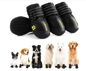 "SG SELLER" Large Dog Boots Boot Paw Protectors for Large and Middle Dog Shoes with Reflective Strips Rugged Anti-Slip Sole Black 4PCS Waterproof Dog Shoes