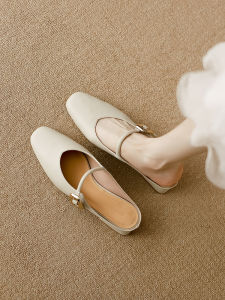 รองเท้าแตะสวมหนังแท้สำหรับผู้หญิง รองเท้าแตะสวมครึ่งนิ้ว ทรงสี่เหลี่ยม ทรงปากกว้าง รองเท้าแตะสวมแบบสวมสบาย รองเท้าแตะสวมสไตล์ฝรั่งเศส