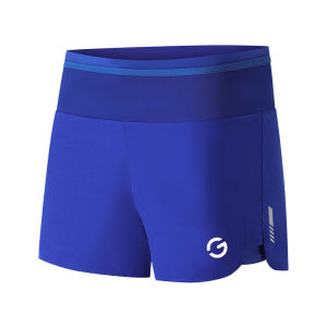 กางเกงวิ่งสั้นผ้าโพลีเอสเตอร์แห้งเร็วสำหรับผู้ชายและผู้หญิง กางเกงวิ่งครึ่งแข้งสำหรับการวิ่งแบบมาราธอน กางเกงออกกำลังกายกันแสง กางเกงขาสั้นสองชิ้นปลอม