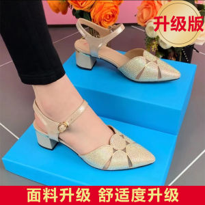 Leather Upgraded Version Sandals Womens Summer New Hollow Mesh Slip-On Shoes Sharp Pointed Toe mid Heel Fashion Single Shoes