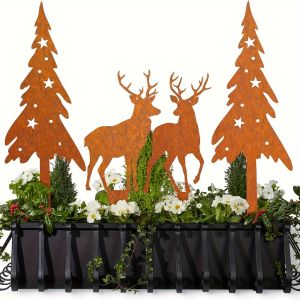 Vintage Style Christmas Garden Stakes - Metal Reindeer Tree Outdoor Decoration Set Rustic Holiday Yard Art Animal Theme