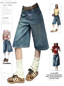 American Retro Half Length Denim Shorts Womens Summer Thin High Street Stylish Straight-leg Loose Wide Leg Low Waist Pants