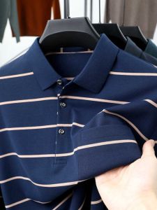 New 2025 Mens Long Sleeve Polo Shirt Casual Loose Striped Base Layer Fashionable Business Casual Cotton Wool Blend