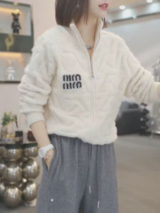 Short Knitted Jacket Womens Warm Fleece Zipper Lettering Stand Collar Outerwear Korean Style Loose Fit Winter New Arrival