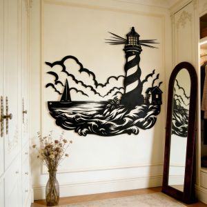 CIFbuy | CIFbuy Metal Wall Art Lighthouse Ocean Wave Sailboat Silhouette Nautical Home Decor Gift For Ocean Lovers