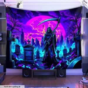 VIKAMA Grim Reaper Gradient Cemetery Neon Scythe Tapestry Dark Party Escape Room Trang Trí Halloween Polyester Treo Tường
