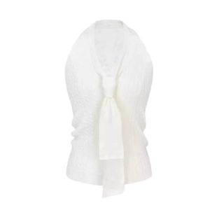 YUEZHONGWEI | Áo len dệt kim hở lưng màu trắng cổ chữ V mùa hè cho nữ Áo khoác ngoài ôm vừa vặn ngắn hở lưng ren ghép nối áo phông cổ tròn