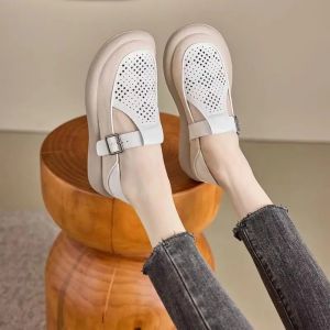 รองเท้าแตะหนังแท้ระบายอากาศได้ดี ทรงสวมสบาย สไตล์วินเทจ สำหรับผู้หญิง ฤดูร้อนปี 2024 รองเท้าแตะแบบสวมสบายสำหรับกลางแจ้ง