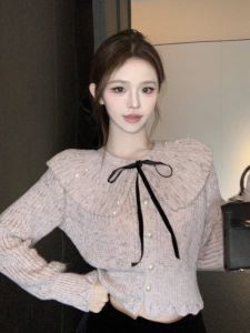 GUZILIAN | French Elegant Doll Collar Sweater Womens Autumn Winter Style Pearl Button Butterfly Knot Waist Cinching Short Knitted Shirt