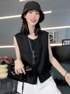 Fashionable Short Womens Vest Jacket Loose Casual Sleeveless Thin Top Summer New Arrival Small Size Comfortable round Neck