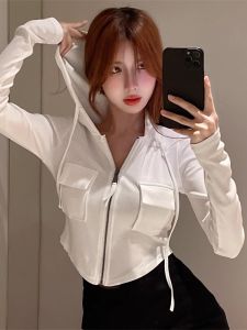 Sweet Spicy Style Short Hoodie T-Shirt Jacket Womens Slim Fit Asymmetrical Long Sleeve Waist Cinched Fashionable Top