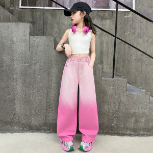 MPW | กางเกงยีนส์ขากว้างลายทางสีชมพูสำหรับเด็กผู้หญิง กางเกงขายาวทรงตรงสำหรับใส่กลางแจ้งในฤดูใบไม้ผลิและฤดูใบไม้ร่วง